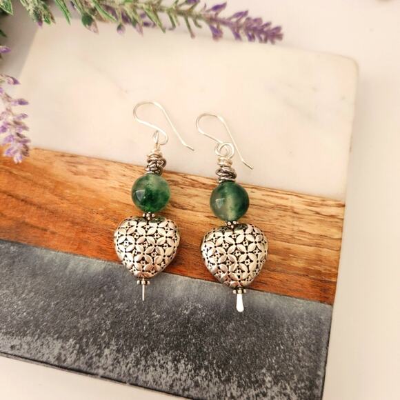 Natural Jade Stone Silver Heart Dangle Earrings - Picture 5 of 8